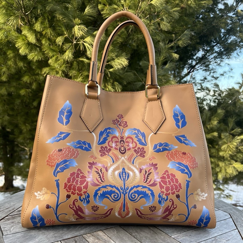 A Bellucci Italian Leather Structured Tote‎ Tan Floral Scrollwork Handbag Boho